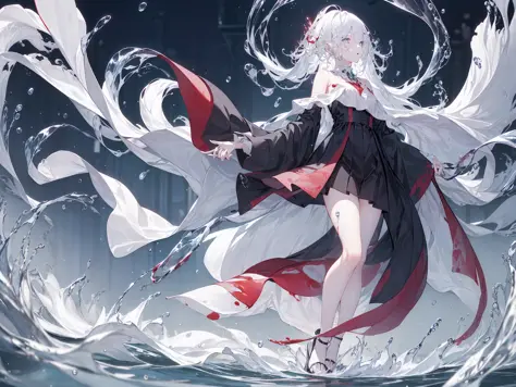 masterpiece, best quality,Illustration, Wallpaper, ultra detail, absurdres, 1girl, solo, (liquid hair:1.2), beautiful detailed eyes,
( full body), long hair, bangs,  magical girl, white hair, black witch, bare shoulders, 
 waves,  water,  water drop, looking to the side, wading, 
ruins, forest,  night, blood moon , 
<lora:LiquidHairV3(104):1:CHAR> ,