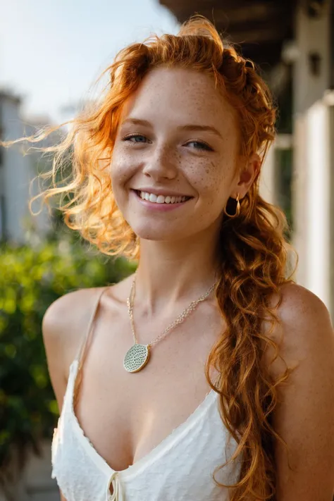 A smiling girl with ginger wavy hair, collarbone, looking at viewer, necklace, contemporary, plain pants, ponytail, freckles, da...