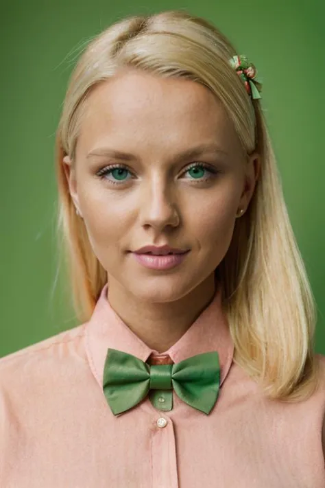 a woman with blonde hair wearing a peach shirt and a bow tie around her neck, with a green background, Artur Tarnowski, photorea...