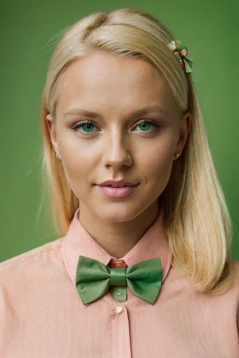 une femme aux cheveux blonds portant une chemise pêche et un nœud papillon autour du cou, avec fond vert, Arthur Tarnowski, portrait photoréaliste, une peinture photoréaliste, photole réalisme,  photo réaliste, le réalisme, UHD, (réaliste:1.2), (chef-d&#39;œuvre, Meilleure qualité, Haute qualité, haute résolution), photo brute, mains réalistes, Yeux réalistes,  