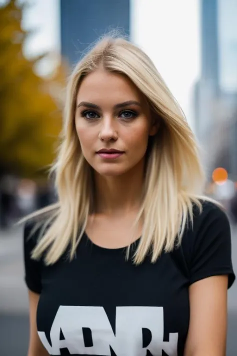 a photo of a blonde woman , black shirt, city background, bokeh,  sharp focus , photo realistic, realism, UHD, (reallistic:1.2), (masterpiece, best quality, high quality, highres), raw photo