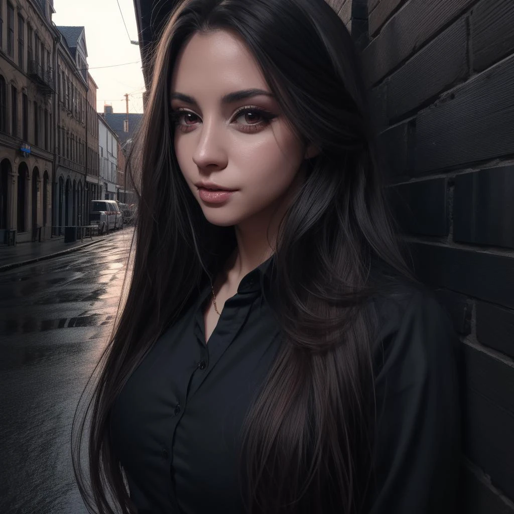 Best_QualityPos, RAW photo, intricate details, best quality, 8k uhd, soft lighting, 1girl, solo, sweetanita, long hair, brown eyes, black collared shirt, outdoors 