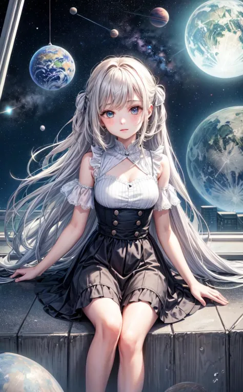 A girl is sitting on a window, a view of space, planets <lora:more_details:0.7>
