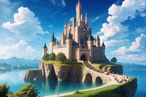 masterpiece, best quality, castle, tower, wizard tower, fantasy, floating island, clouds, lake, laputa, cliff