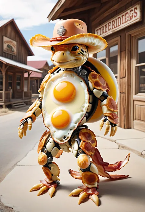 anthro turtle transparent cyborg suit made of ral-friedegg with bacon accents wearing a cowboy hat in an old cowboy town
<lora:r...