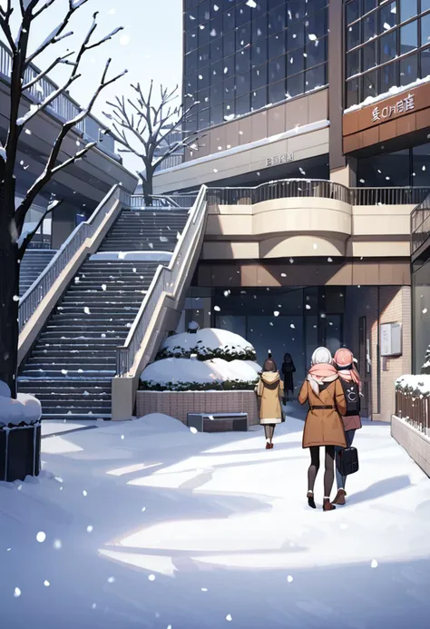 snowy scene of a couple walking in front of a building