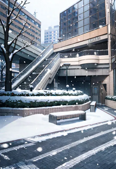 snowy scene of a city street with a building and stairs