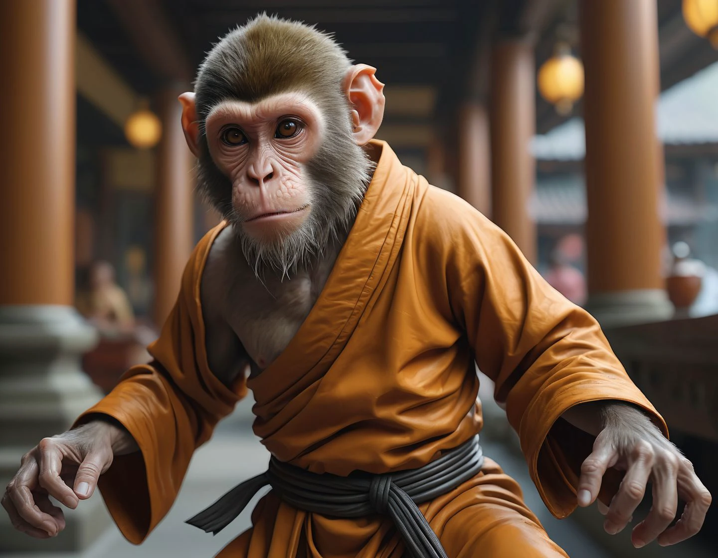 (Fora do centro) foto de um macaco (roupa do monge:1.3) Um ambiente recém encerado e cuidadosamente limpo onde tudo fica brilhante e organizado, iluminação de alta intensidade (pose de ação dinâmica:1.2) Profundidade de campo de fundo detalhada 