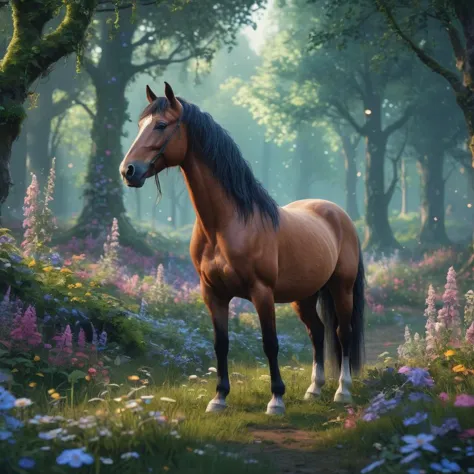 cinematic, a horse stood in a fantasy forest glade filled with flowers and sprites.
