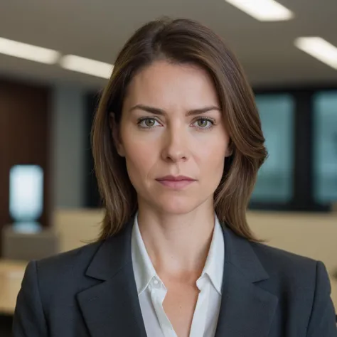 a woman in a business suit staring directly at the camera