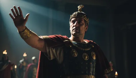 cinematic, aesthetic, roman emperor giving waving, dramatic lighting