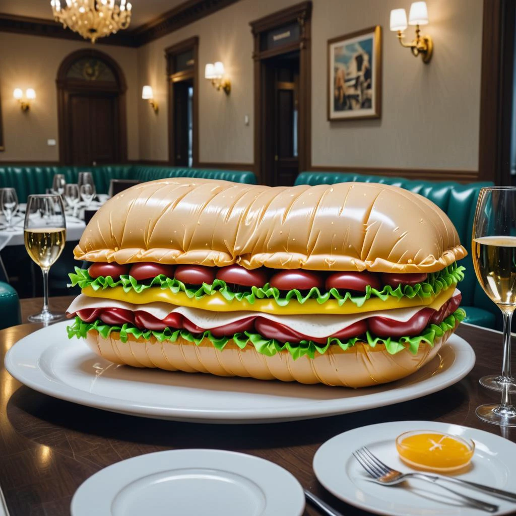 Cinematic, estética, sanduíche inflável em restaurante chique