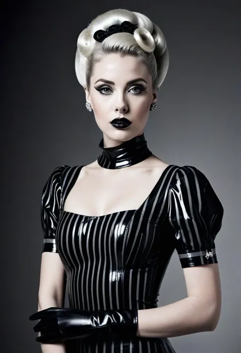 Film noir style beautiful feminine woman, solo,  <lora:Outfit_soph-StripedLatexWiggle-PDXL:0.8>  dr3ss, (latex) striped bodycon ...