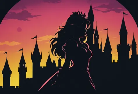 <lora:Vibrant_Noir_2-000018:1> vbntnr shadow realm, close up silhouette of princess peach, castle