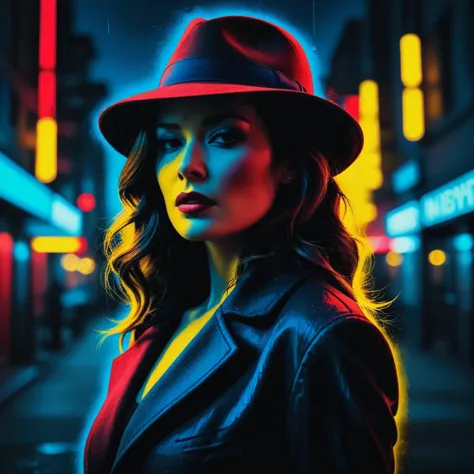 vbntnr woman wearing a fedora in the dark city red yellow and blue <lora:Vibrant_Noir_2-000018:1>