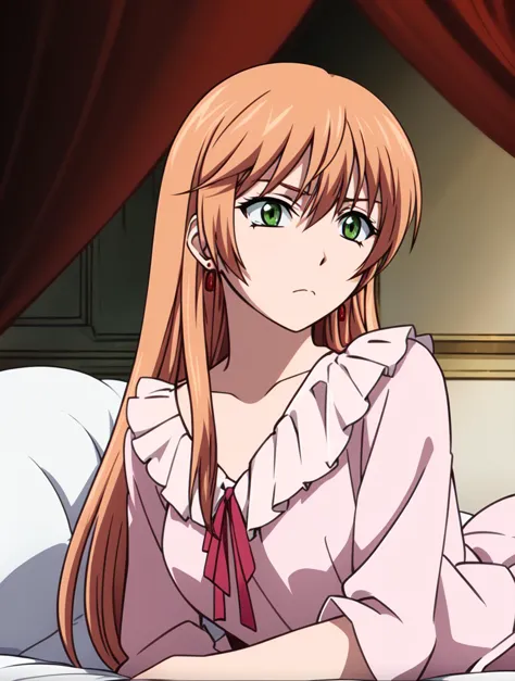 anime girl with long hair sitting on bed in pink dress