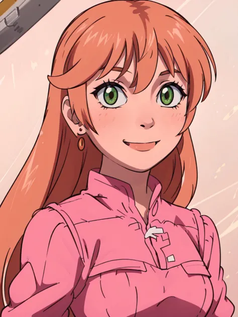 anime girl with long red hair and green eyes in pink shirt