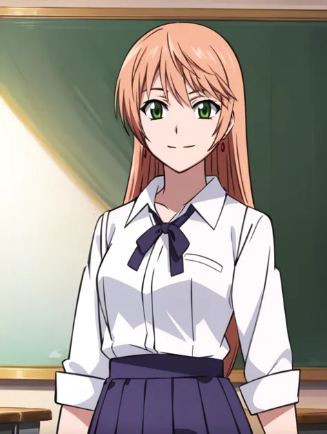 anime girl in a school uniform standing in front of a blackboard