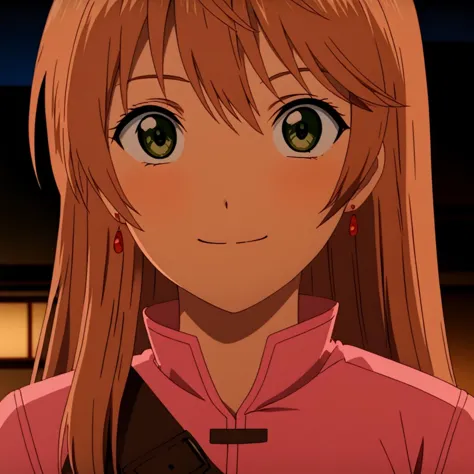 anime girl with long hair and green eyes in pink shirt