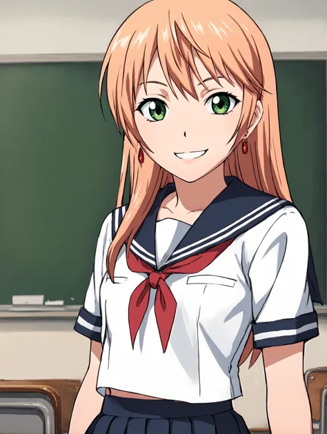 anime girl in uniform standing in front of a blackboard