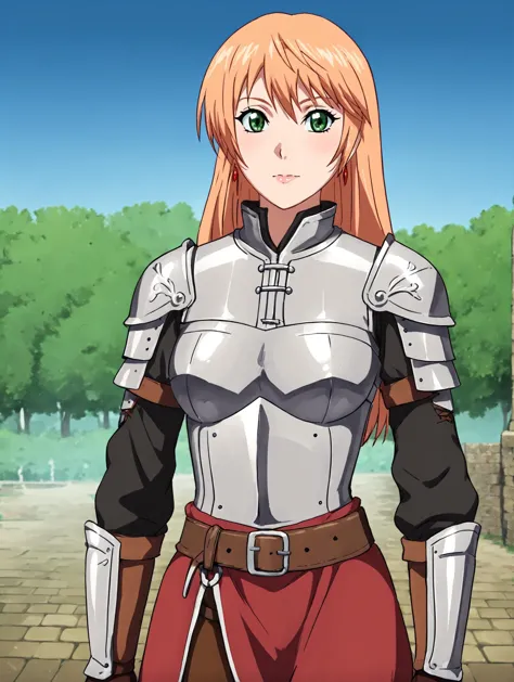 a woman in armor standing in front of a gate