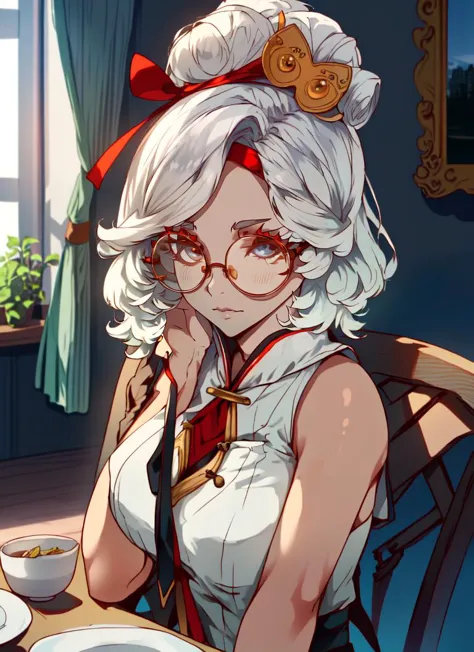 anime girl with white hair and glasses sitting at a table