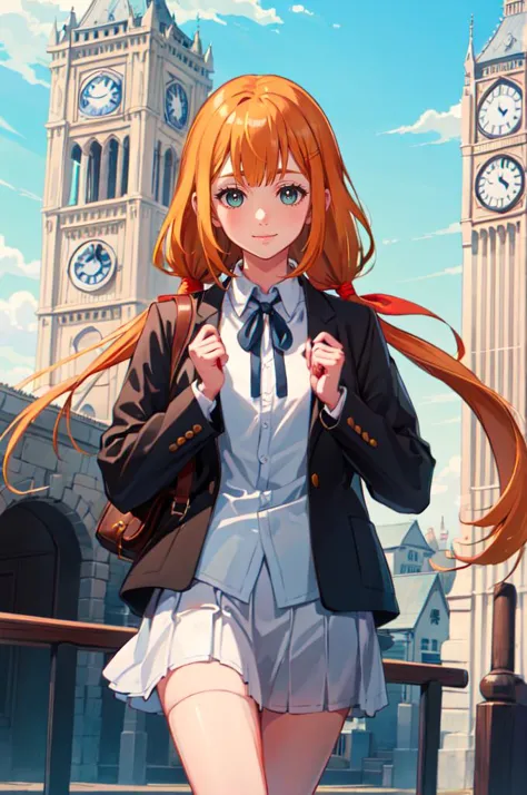 anime girl in uniform standing in front of a clock tower