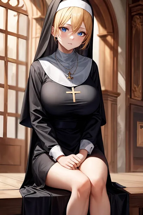 (best quality, masterpiece), highly detailed,  <lora:add_detail:0.6>, necklace, large breasts, nun, blonde hair, hair between ey...