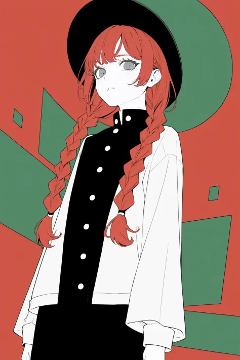 (masterpiece, best quality:1.3), (flat color:1.3),(colorful:1.3), cowboy shot, 1girl,solo,red hair, twin_braids