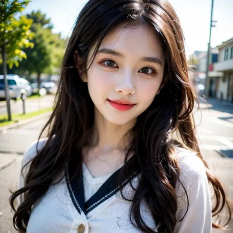 a close up of a woman with long hair and a white shirt