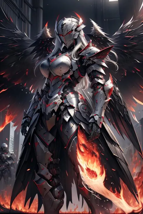 masterpiece, highly detailed CG unified 8K wallpapers, 8k uhd, dslr, high quality, ((a woman in black mechanical armor and black mechanical wings, very big wings)), looking at viewer, no human, fire, burning place, dark, destroyed place, dramatic secene, cinematic, ultra-high resolution, high-definition, <lora:MechaArmor:0.75>