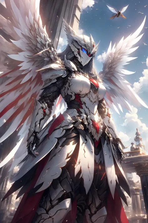 masterpiece, highly detailed CG unified 8K wallpapers, 8k uhd, dslr, high quality, clean, ((a goddess in a white mechanical armor with large wings, godly aura, magical, fly in the sky)), glowing eyes, cinematic lighting, ultra-high resolution, ultra-high detailed, high-definition, <lora:MechaArmor:0.75>