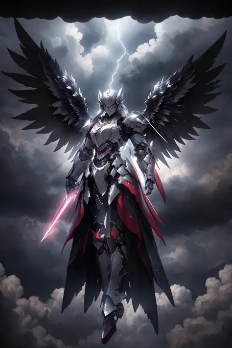 masterpiece, highly detailed CG unified 8K wallpapers, 8k uhd, dslr, high quality, clean, ((a dark angel in a mechanical armor with wings, godly aura, floating in the air, descending from the sky)), rainy, dark night, lightning, dramatic scene, cinematic l...