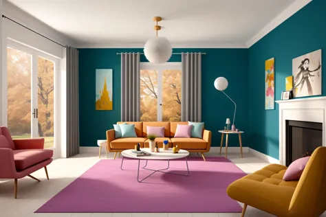 Illustrated in a digital art form, the modern living room envisioned by renowned architects is transformed into a vibrant scene by the talented artist Mary Blair. The room's design elements take on a fantastical quality, with whimsical patterns and imagina...