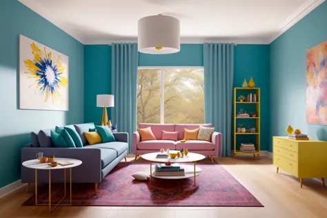 Illustrated in a digital art form, the modern living room envisioned by renowned architects is transformed into a vibrant scene by the talented artist Mary Blair. The room's design elements take on a fantastical quality, with whimsical patterns and imagina...