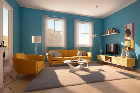 Through the lens of Pixar 3D animation, the contemporary living room conceived by celebrated architects springs to life. The room's design is infused with playful whimsy, as furniture morphs into imaginative shapes, echoing the style of Tim Burton. The sce...