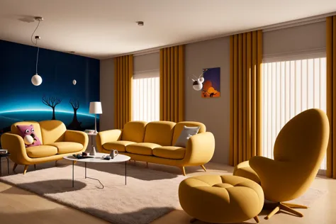 Through the lens of Pixar 3D animation, the contemporary living room conceived by celebrated architects springs to life. The room's design is infused with playful whimsy, as furniture morphs into imaginative shapes, echoing the style of Tim Burton. The sce...