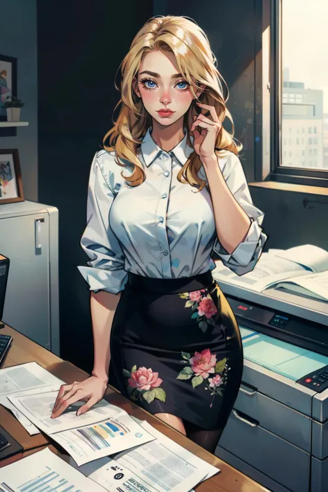 blonde long hair
intern papers pencil skirt office
surprise floral pattern leaning on printer