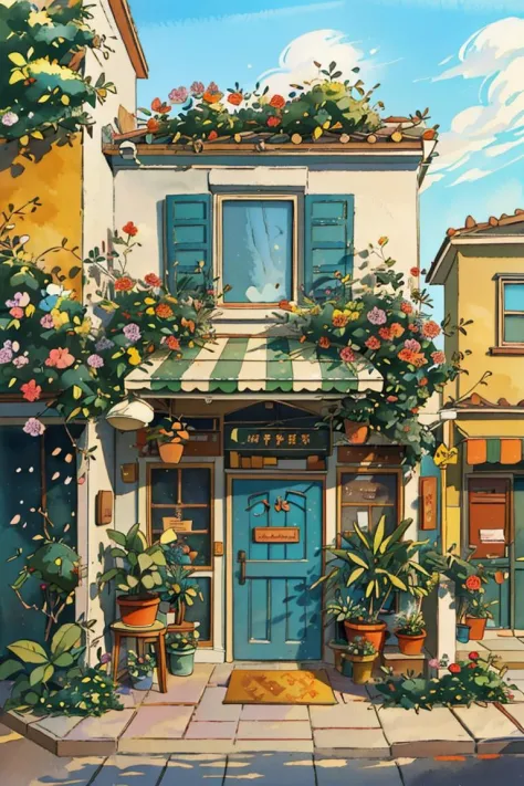 JZCG021,Flower store,coffee spot,tables,chairs,no one,windows,flowers,plants,potted plants,watercolor (medium),landscapes,doors,air conditioning,paintings (medium),traditional media,houses,outdoors,balconies,architecture,masterpiece,best quality,high quali...