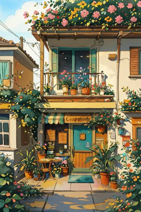 JZCG021,Flower store,coffee spot,tables,chairs,no one,windows,flowers,plants,potted plants,watercolor (medium),landscapes,doors,air conditioning,paintings (medium),traditional media,houses,outdoors,balconies,architecture,masterpiece,best quality,high quality,Botanical,, masterpiece,best quality,high quality, 