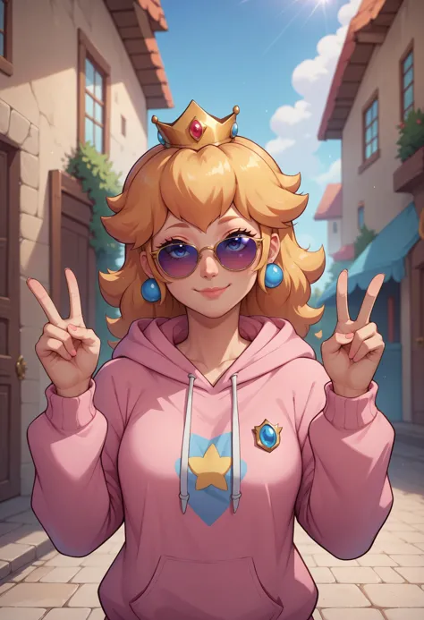 Punktzahl_9, Punktzahl_8_hoch, Punktzahl_7_hoch, Punktzahl_6_hoch, BREAK Prinzessin Peach,hoodie,Krone,Sonnenbrille,lächeln,Doppel-V  