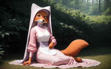 there is a woman in a costume sitting on a blanket with a fox