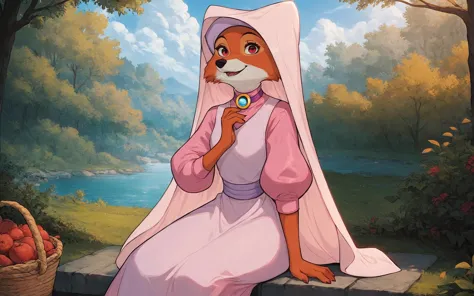 there is a painting of a fox dressed in a pink dress