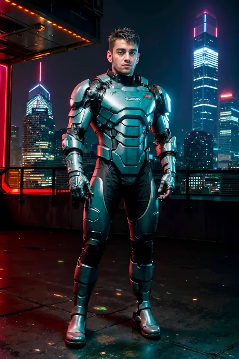 cyberpunk futuristic city by tooimage at dusk, DanteColle wearing gray mechaarmor, cyberpunk armor, mecharmor gloves, red glow (((full body portrait))), wide angle   