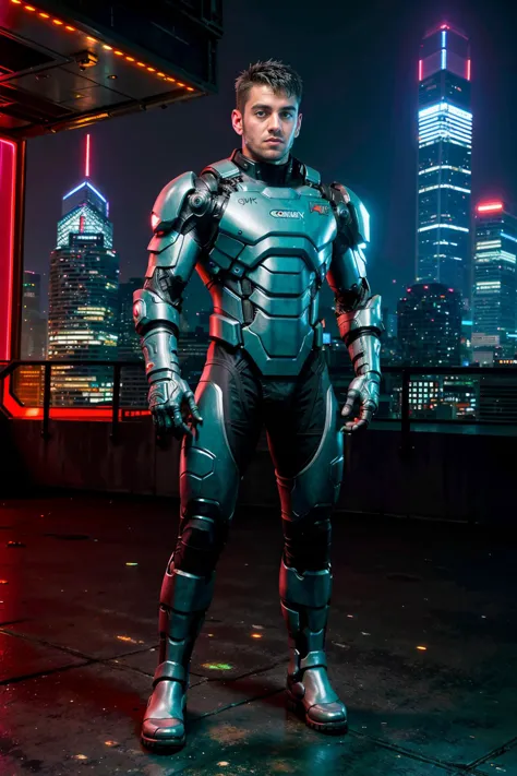 Cyberpunk futuristische Stadt von Tooimage in der Abenddämmerung, DanteColle trägt eine graue Mecha-Rüstung, cyberpunk armor, Mecharmor-Handschuhe, rotes Leuchten (((Ganzkörperporträt))), weiter Winkel   