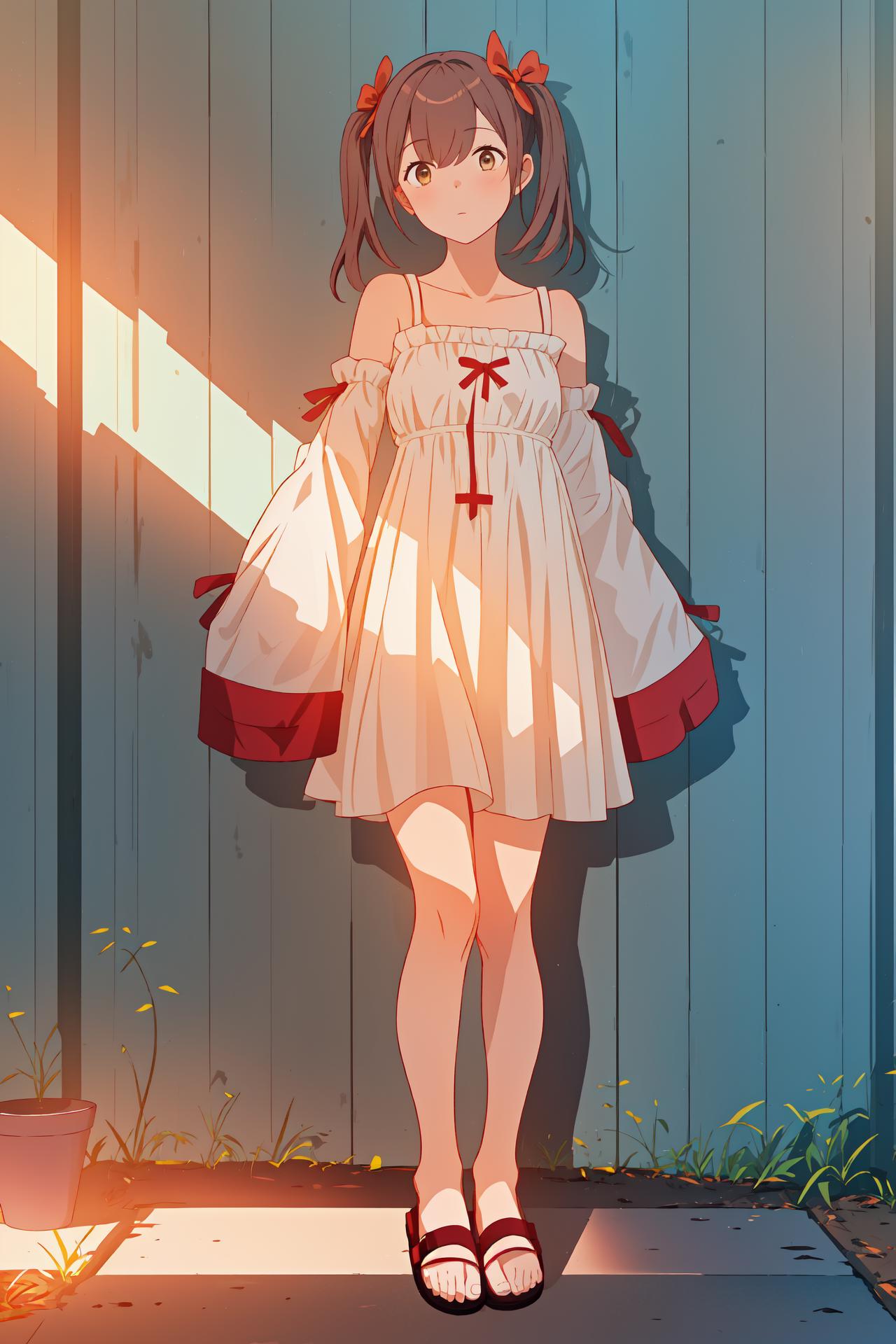 Anime girl in a dress standing in front of a blue fence - SeaArt AI