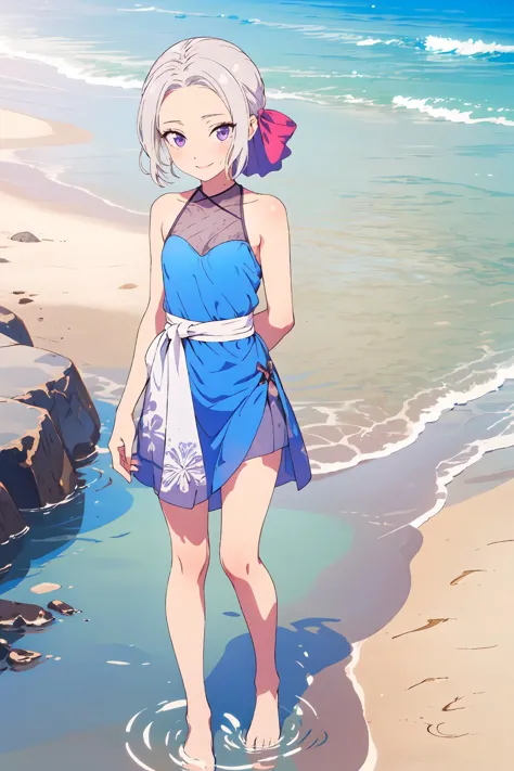 anime girl in blue dress standing in shallow water on beach