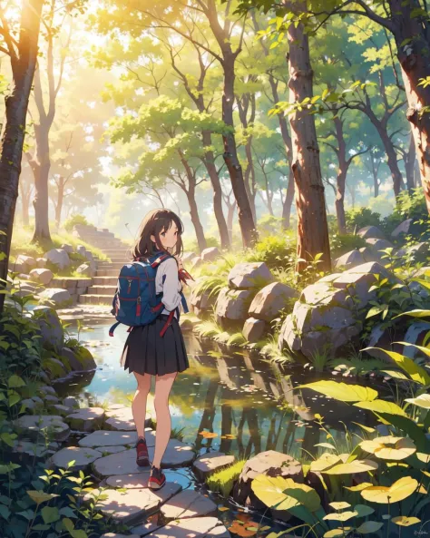 masterpiece, high quality, a girl walking in the woods, trail, backpack, detailed face, rocks, a pond