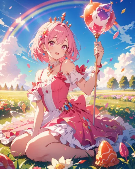 (best quality:1.0), (ultra highres:1.0), a rainbow, candy, (a field of candy), 1girl, sugar queen, pink dress, a Sceptor of cand...