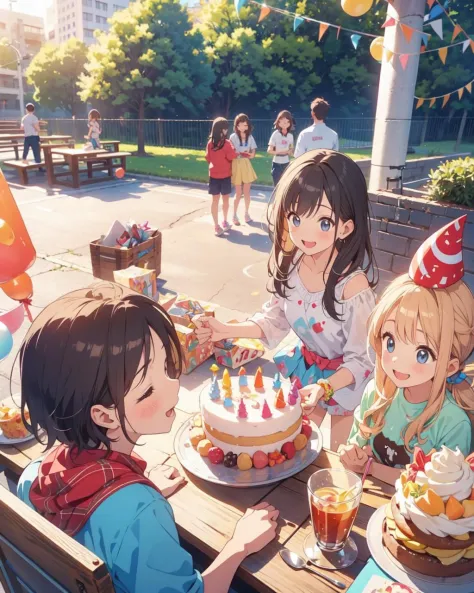 子供の誕生日 , 誕生日ケーキ, 屋外, 公園, 複数の人, プレゼント, 驚き, ハッピー